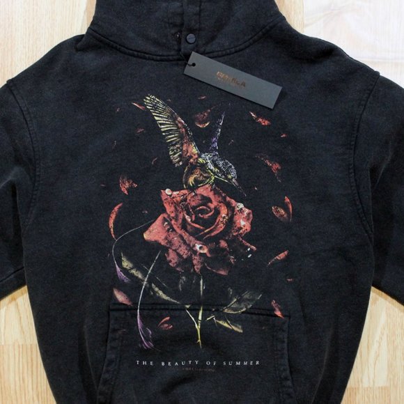 FAVELA Hummingbird Rose Hoodie • Black Wash • Snap Button • Oversized Fit - Picture 3 of 5